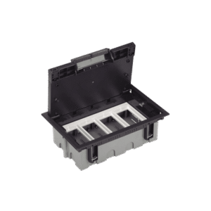 Caja de Suelo Simon / Profundidad Ajustable 70 a 100 mm / Capacidad para 4 Módulos / Incluye Cubeta y Embellecedor / Instalac