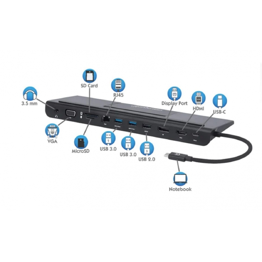 DOCKING USB,MANHATTAN,153478,-C 11 PTOS, HDMI/DP/VGA, USB-C PD/2XUSBV3.2/USBV2.0, RED/AUDIO/SD/MICRO SD