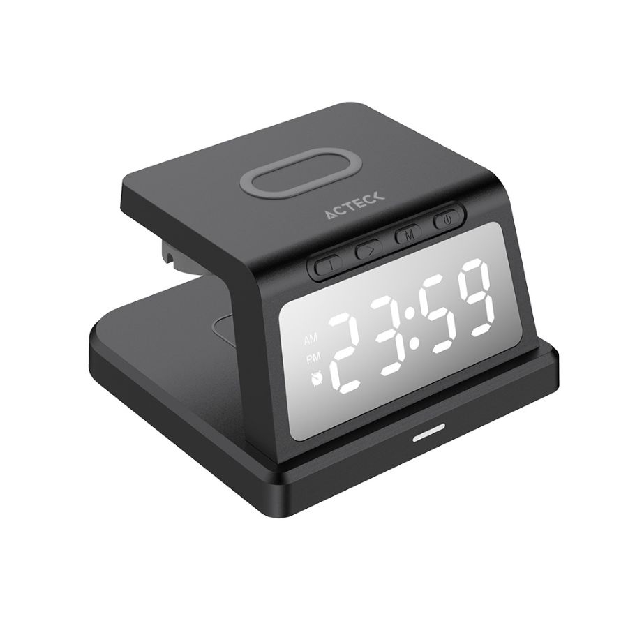 CARGADOR ACTECK ENERGON S-MATE CI730 / INALAMBRICO QI / 3W – 15 W / APPLE – SAMSUNG / 3 DISPOSITIVOS / RELOJ DIGITAL / NEGRO