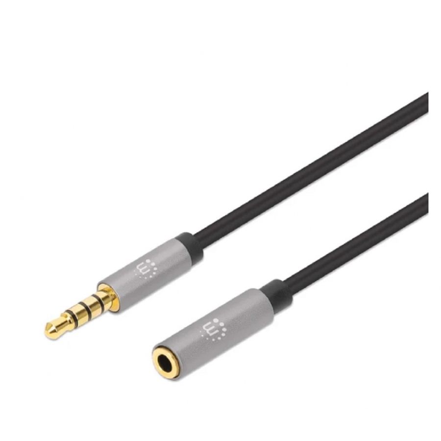 CABLE AUDIO ESTEREO, MANHATTAN, 356039, 3.5MM EXTEN. M-H 2.0M NEGRO/ALUMINIO PLATEADO - Manhattan
