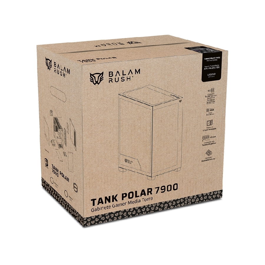 GABINETE GAMER BALAM RUSH TANK POLAR 7900 / MEDIA TORRE / ATX – M-ATX – ITX / VENTILADORES INCLUIDOS / CRISTAL TEMPLADO / SOP