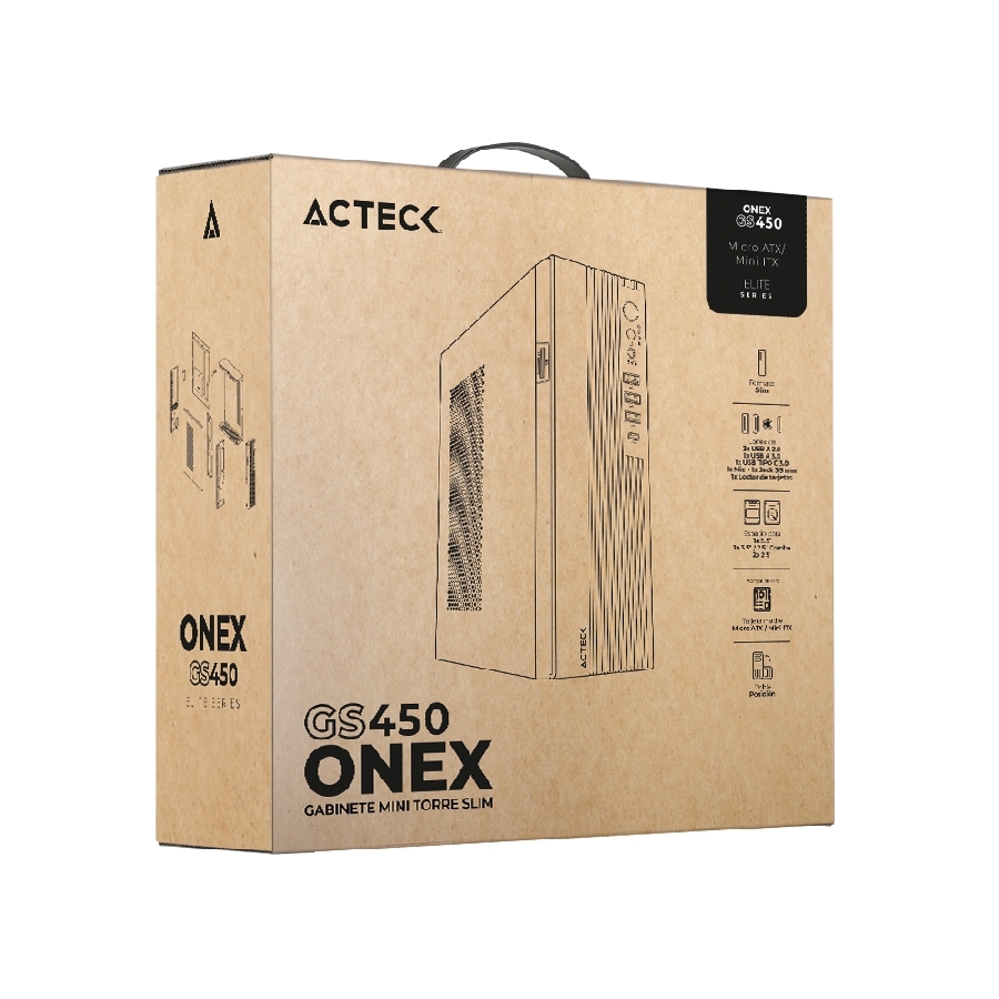 GABINETE ACTECK ONEX GS450 / MINI TORRE SLIM / MICRO ATX – MINI ITX / LECTOR SD / DOBLE POSICION / FUENTE DE PODER FLEX ATX 4