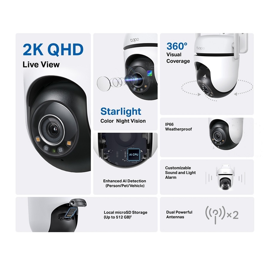 CAMARA IP TAPO C520WS WIFI EXTERIOR 360 PANORAMICA VISION NOCTURNA A COLOR IP66 ALMACENAMIENTO DE HASTA 512GB 2K QHD DETECCIO