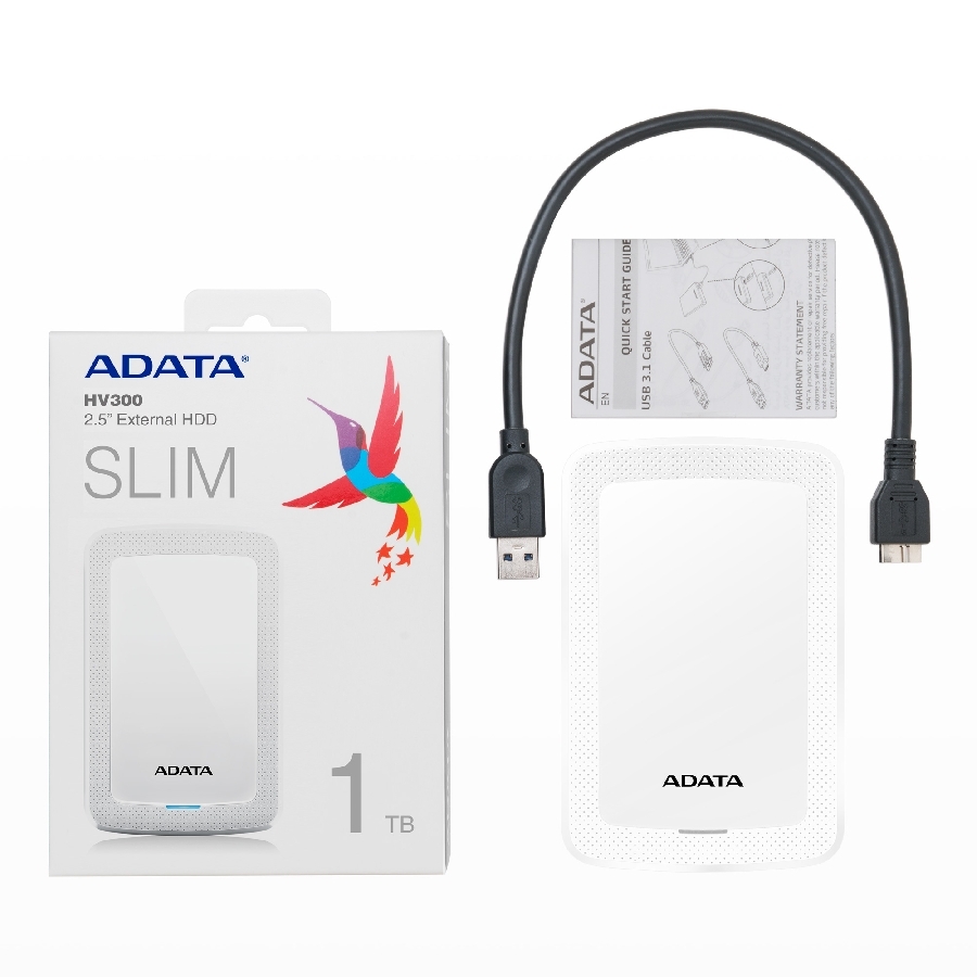 DISCO DURO EXTERNO ADATA HV300 1TB PORTATIL 2.5 USB 3.2 WINDOWS MAC LINUX DASHDRIVE SLIM COLOR BLANCO AHV300-1TU31-CWH - Adat