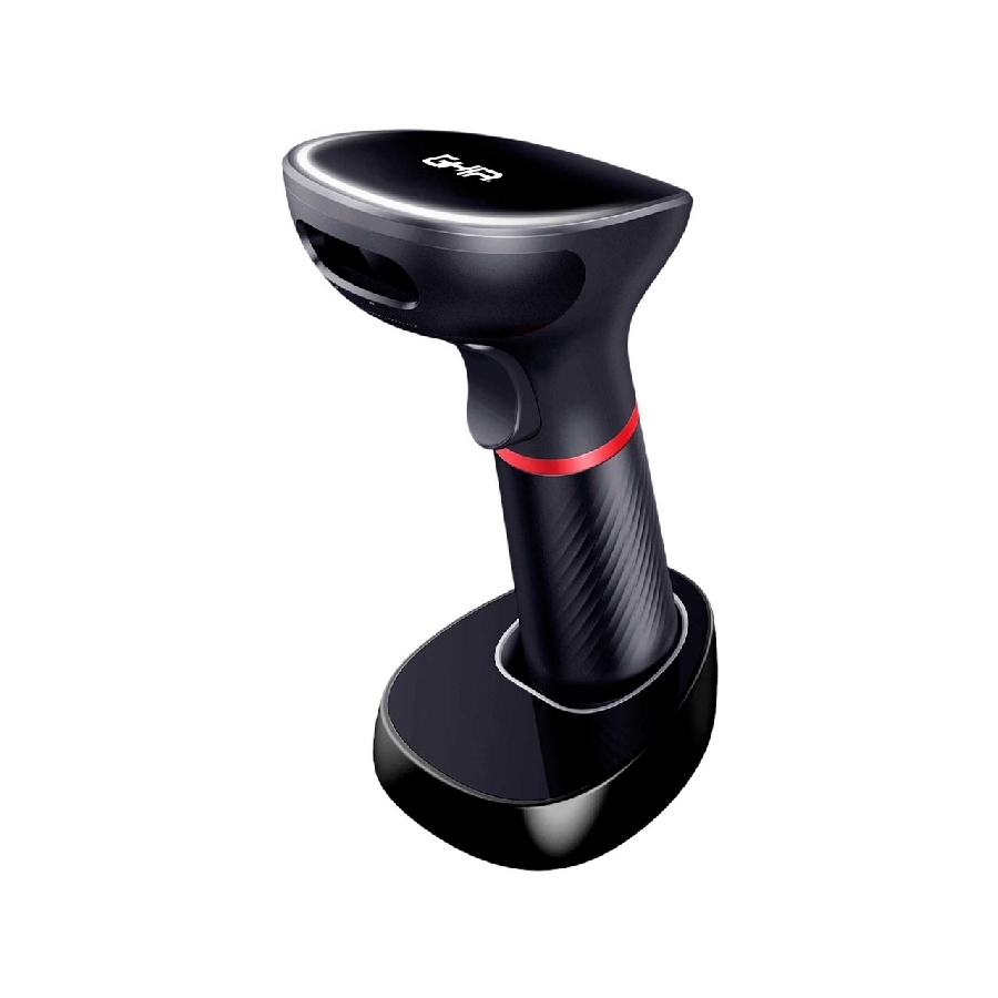 LECTOR DE CODIGOS DE BARRAS GHIA GSW2 / INALAMBRICO / 2D / LED ROJO Y BLANCO / BLUETOOTH / USB / BASE DE CARGA / QR / NEGRO -