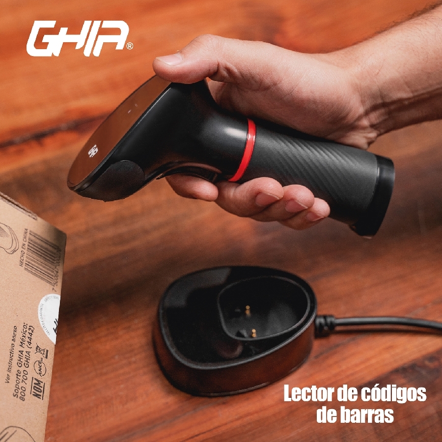 LECTOR DE CODIGOS DE BARRAS GHIA GSW2 / INALAMBRICO / 2D / LED ROJO Y BLANCO / BLUETOOTH / USB / BASE DE CARGA / QR / NEGRO -