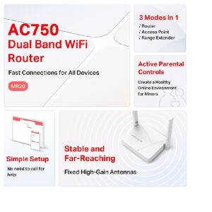 ROUTER | MERCUSYS | MR20 | DUAL BAND AC750 | 5GHZ 433MBPS | 2.4GHZ 300MBPS | 2 ANTENAS EXTERNAS | MULTIMODO | 1 PUERTO WAN | 