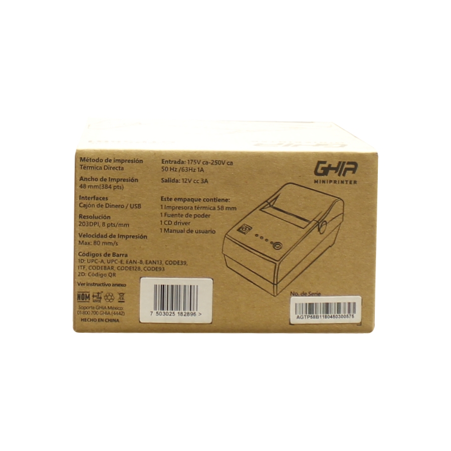 MINIPRINTER TERMICA GHIA GTP58B1 / 58 MM / USB, RJ11 / 80MMS / NEGRA - Ghia