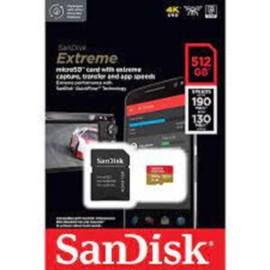 MEMORIA SANDISK MICRO SDXC 512GB EXTREME 190MB/S 4K CLASE 10 A2 V30 C/ADAPTADOR SDSQXAV-512G-GN6MA