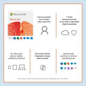 ESD MICROSOFT 365 PERSONAL / SUSCRIPCION ANUAL / DESCARGA DIGITAL / 1 USUARIO / 5 DISPOSITIVOS / APLICACIONES: WORD, EXCEL, POWER POINT, OUTLOOK, ONE NOTE, ONEDRIVE, CLIPCHAMP / CON IA COPILOT