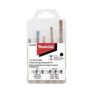 Juego de 5 Brocas con Inserción Hexagonal de 1/4″. De concreto: 3/16″ y 1/4″. Para metal: 1/8″, 3/16″ y 1/4″. - MAKITA