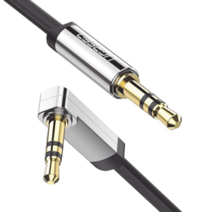 Cable Auxiliar Plano 2 Metros / Conector 3.5mm a 3.5mm / Macho-Macho / Recto a Angulo / Ángulo de 90° en una de sus Puntas / 