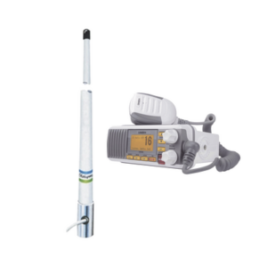 Kit de radio móvil VHF marino modelo UM-385 color blanco y antena marina Shakespeare de fibra de vidrio 5101 - UNIDEN