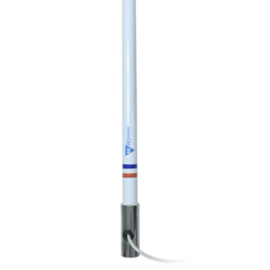 Antena marina VHF en fibra de vidrio con base de acero inoxidable en rango de 156 a 163 MHz. Incluye 10 metros de cable y con