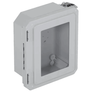 Caja Impermeable De Fibra De Vidrio, 8.77″ (22.27cm) Alto x 6.77″ (17.19cm) Ancho x 4.06″ (10.31cm), Con Ventanilla, Listado 