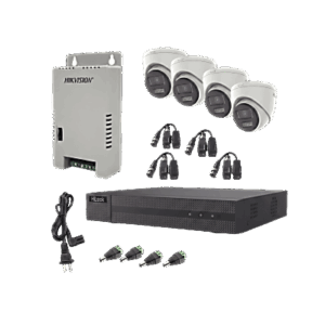 Kit HiLook Audio Bidireccional TurboHD 1080p / DVR Metalico 4 Canales / 4 Cámaras Eyeball (Exterior) con Bocina y Microfóno Integrado / 1 Fuente de Poder / Accesorios