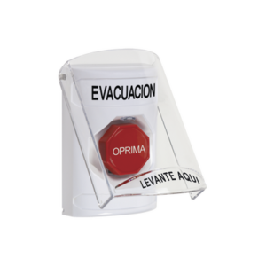 Botón de Evacuación, Texto en Español, Tapa Protectora de Policarbonato Súper Resistente, Restablecimiento con Llave - STI