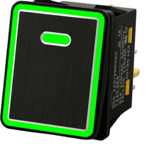 Interruptor tipo Switch con Led Color Verde / IP65 / Diseño Industrial con panel de Aluminio / NO, COM, NC / Terminales tipo F1