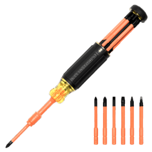 Destornillador Aislado 6-en-1 Auto-Lock / Aislado 1000V CAT III / Almohadilla de agarre / Almacenamiento de brocas integrado / Bits Philips #1 #2 / Slotted 3/16" 1/4" / Square #1 #2