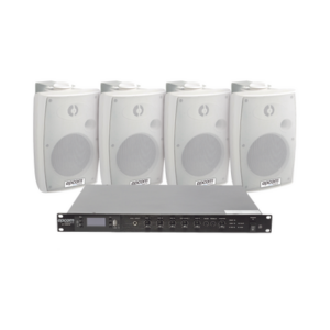 KIT de Amplificador de Audio 120W para Rack | 4 Altavoces de Pared color Blanco 2.5W - 20W | Sistema 70/100V