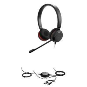 Jabra Evolve 30 II Duo con conexión USB C/A y 3.5mm, micrófono con cancelación de ruido y controlador en el cable con botones e indicadores LED (5399-829-369))