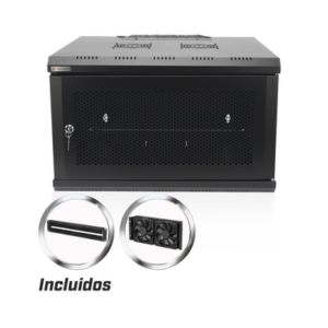 Gabinete de Pared 19 Pulgadas / 6U / 600 x 550 x 368 mm (23.6 x 21.7 x 14.5 in) / Acero SPCC RAL 9004 / Carga Estática 60 kg / IP20 Interior / Ventiladores CA / Panel Cepillo para Cables