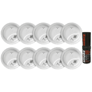 Kit de 10 Detectores de Humo Autónomos FIRST ALERT por Ionización / Alarma 85 dB / Botón Prueba y Silencio / Probador SABRE SDI