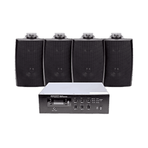 KIT de Amplificador de 240W para Escritorio | 4 Altavoces de Pared color Negro 2.5W - 20W | Sistema 70/100V