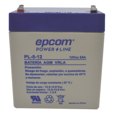 Batería 12 Vcc / 5 Ah / UL / Tecnología AGM-VRLA / Para uso en equipo electrónico Alarmas de intrusión / Incendio/ Control de acceso / Video Vigilancia / Terminales F1 / Cargador recomendado CHR-80.