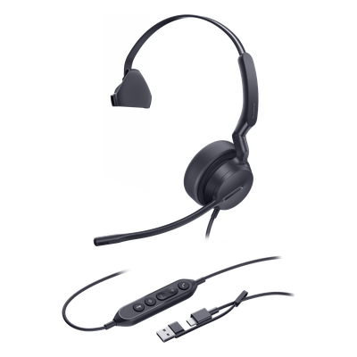 Diadema Alámbrica / Monoauricular / Audio HD 20 Hz-20 kHz / USB-C con Adaptador USB-A / Cancelación de Ruido con IA / Altavoz 35 mm con EQ Dinámico