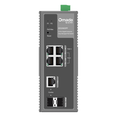 Switch Industrial Easy Managed / 6 Puertos Gigabit / 4 PoE (1× PoE++ 60W + 3× PoE+ 30W) / 120W PoE Budget / 2 SFP / IP40 / -40°C a 75°C / 6kV Protección Rayos / DIN-Rail