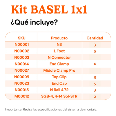 Sistema de Montaje Solar BASEL / Flat Roof Single Row / 1 Modulo / Riel N RAIL 4.72 / Soportes N3 BASEL / Resistencia Viento 140 km/h / Inclinacion 15 Grados - Image 2