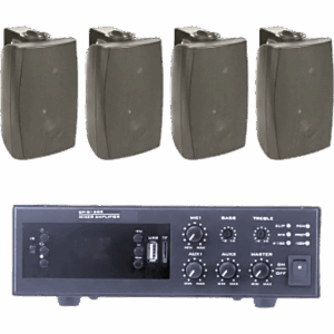 KIT de Amplificador de 120W para Escritorio | 4 Altavoces de Pared color Negro 2.5W - 20W | Sistema 70/100V