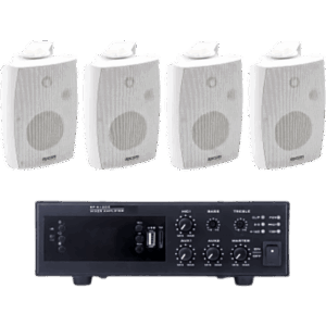 KIT de Amplificador de 120W para Escritorio | 4 Altavoces de Pared color Blanco 2.5W - 20W | Sistema 70/100V