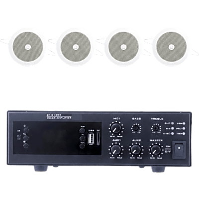 KIT de Amplificador de 120W para Escritorio | 4 Altavoces de Plafón de 4" | 3 - 6W | Sistema 70/100V