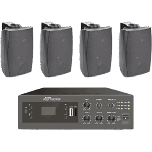 KIT de Amplificador de 240W para Escritorio | 4 Altavoces de Pared color Negro 2.5W - 20W | Sistema 70/100V