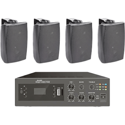 KIT de Amplificador de 240W para Escritorio | 4 Altavoces de Pared color Negro 2.5W - 20W | Sistema 70/100V