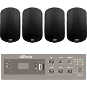 KIT de Amplificador de 240W para Escritorio | 4 Altavoces de Pared color Negro 3W - 50W | Sistema 70/100V