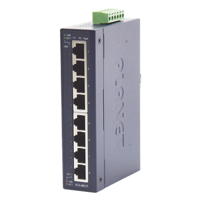 Switch Industrial No Administrable / 8 Puertos Gigabit 10/100/1000T / IP30 / Riel DIN y Pared / -40 a 75°C / 12-48 VDC