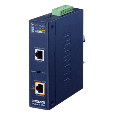 Inyector PoE++ Industrial / 95W / 2 Puertos RJ45 / Multi-Gigabit 5Gbps / -40 a 75°C / IP30 / Riel DIN o Pared