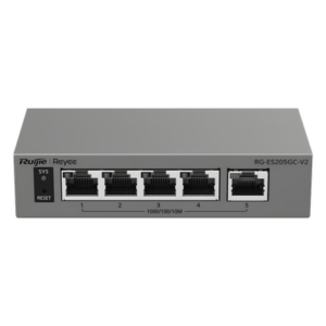 Switch Capa 2 Gestionado en la Nube / 5 Puertos Gigabit / Switching 10 Gbps / Forwarding 7.44 Mpps / Diseño sin Ventilador / Protección 6 kV / Modo CCTV de un Clic / 32 VLANs / Gabinete Metálico / Ruijie Cloud