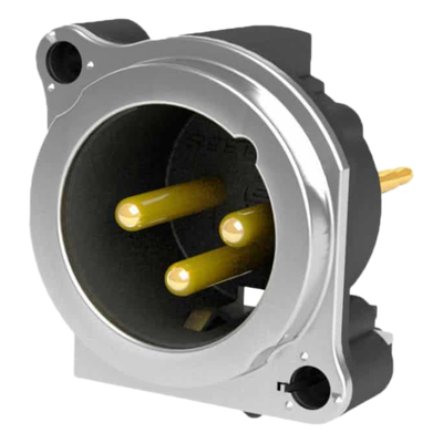 Conector XLR Macho / 3 Polos / Montaje Vertical PCB / Carcasa Metálica / Pines Chapados en Oro / Diseño Ultra Compacto