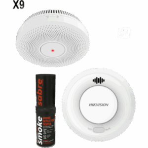 Kit de Detección de Humo / 9 Detectores Interlink + Hub Wi-Fi / Interconectable 30 Dispositivos / Batería 10 Años / Alarma 85 dB / Probador SABRE Incluido / Hik-Connect