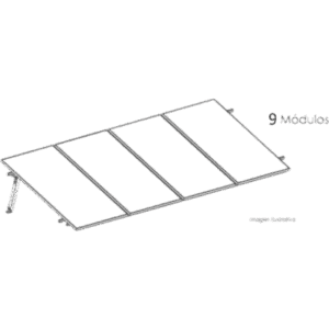 Estructura de Montaje Fotovoltaico / Losa Plana / Configuración 1x3 / Viento 170 km/h / Inclinación 10° / Rieles E-O 3.55 m (11.65 ft) / Rieles N-S 2.14 m (7.02 ft) / Altura 0.52 m (1.71 ft) / Área 10 m² / Módulos 645