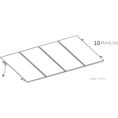 Estructura de Montaje Fotovoltaico / Losa Plana / Configuración 1x3 / Viento 170 km/h / Inclinación 10° / Rieles E-O 3.55 m (11.65 ft) / Rieles N-S 2.14 m (7.02 ft) / Altura 0.52 m (1.71 ft) / Área 10 m² / Módulos 645