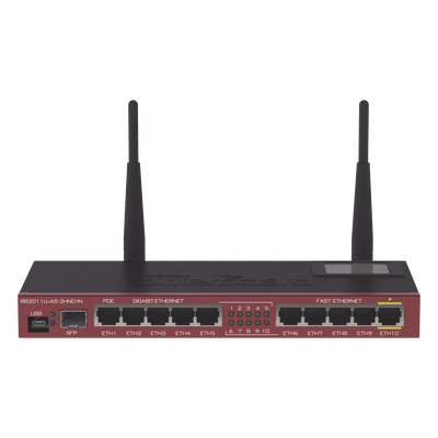 Router Board, 10 Puertos Ethernet, 1 Puerto SFP, Wi-Fi de Gran Cobertura 2.4 GHz Antenas de 4 dBi, hasta 1 Watt de potencia