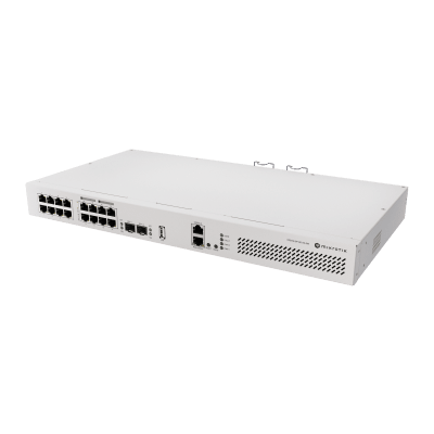 Switch Rackmount / 16 Puertos Gigabit / 8 Puertos PoE 802.3af/at 150W / 2 Puertos SFP+ 10G / CPU Quad-Core 2.2 GHz ARM / RouterOS v7 / L3 HW Offloading / Alimentación Dual Redundante / USB 3.0