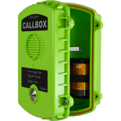 Callbox Inalámbrico UHF / Frecuencia 450-470 MHz / Gabinete IP57 Policarbonato / Alimentación Baterías D o Externa / Antena Interna Ajustable / Botón PTT Antivandálico - Imagen 3